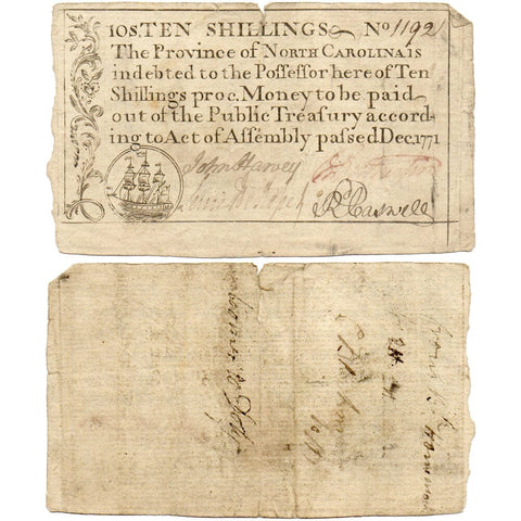 Colonial North Carolina Currency Dec, 1771 10 Shillings NC-138 - Net Fine