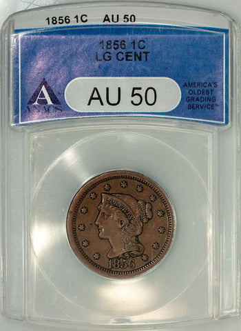 1856 Slanted 5 Braided Hair Large Cent - ANACS AU 50