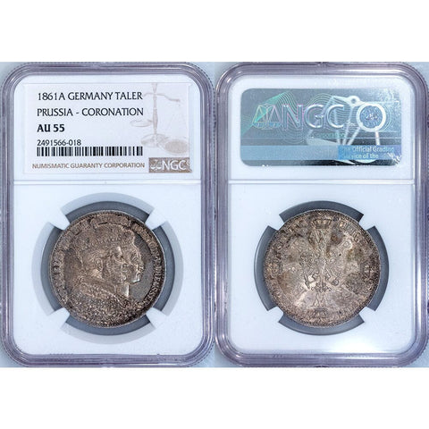 1861-A Prussia, Coronation of Wilhelm & Augusta Silver Thaler - NGC AU 55