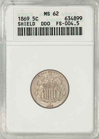 1869 DDO/RPM Shield Nickel - ANACS MS 62 FS-1102