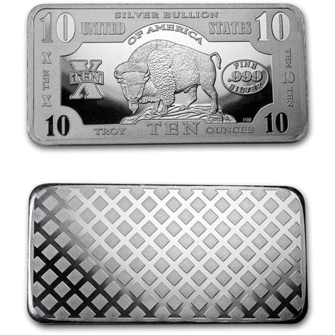1902 $10 Bison 10 oz .999 Silver Bar - Popular Bar, Great Price