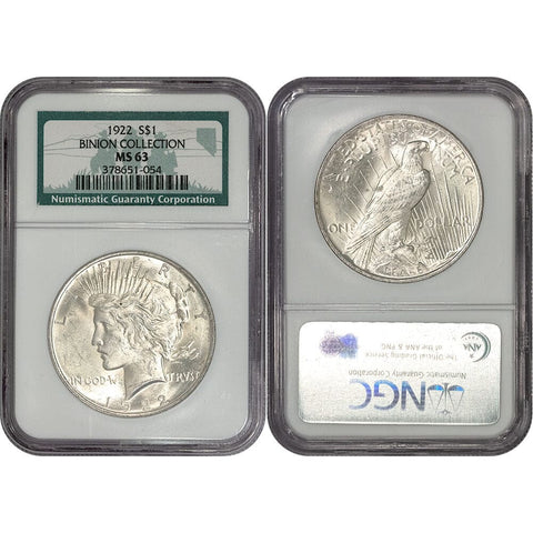 Binion Collection 1922 Peace Dollar - NGC MS 63 - Choice Uncirculated