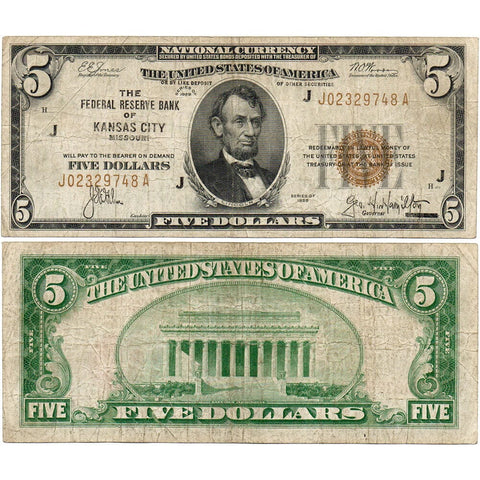 1929 $5 Kansas City Federal Reserve Bank Note (FR.1850J) - Fine