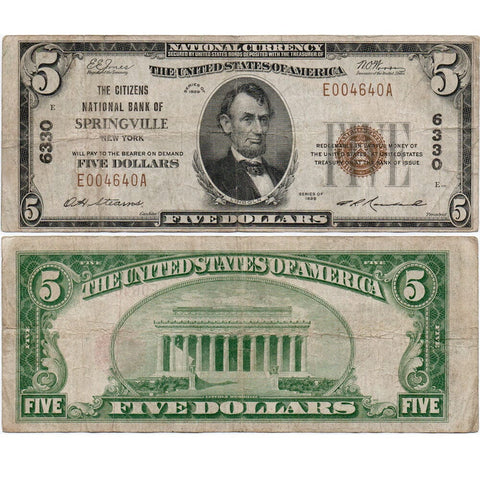 1929 T.1 $5 Citizens National Bank of Springville, NY Ch. 6330 - Very Fine