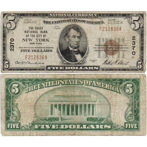 1929 T.1 $5 Chase National Bank of the City of New York Ch. 2370 - Fine