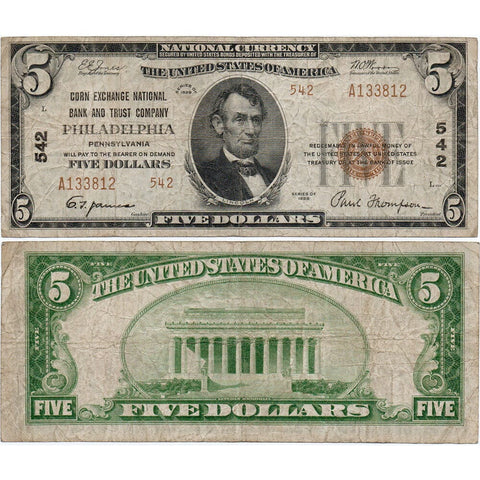 1929 T.2 $5 Corn Exchange National B & T Co Philadelphia, PA Ch. 542 - Fine