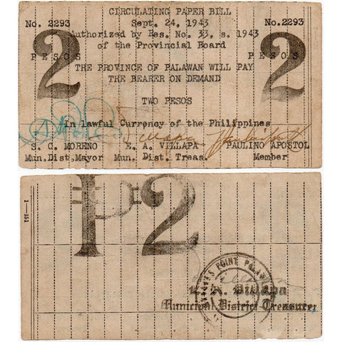 Scarce 1943 Philippines Brooke's Point Palawan 2 Pesos Scrip S926b - Very Fine