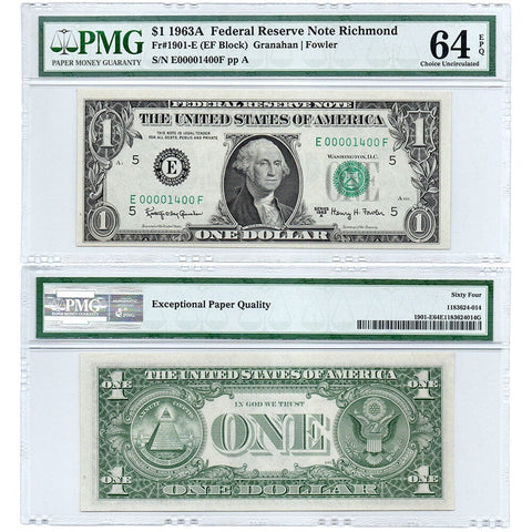 1963-A $1 Richmond Federal Reserve Note Fr. 1901-E - PCGS 64 EPQ - SN: 00001400