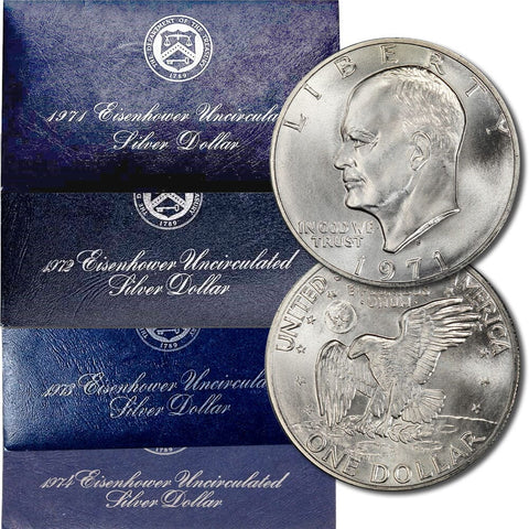 Uncirculated 1971-1974 40% Eisenhower Dollars in Original Government Packaging - Gem Uncirculated