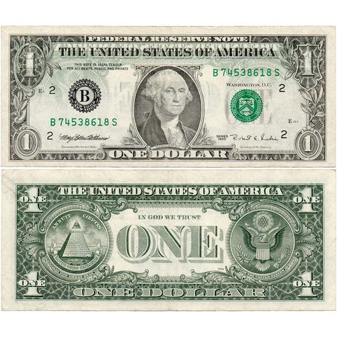 1995 $1 Federal Reserve Note Fr.1921B - Partial Back to Face Offset Error - Very Fine