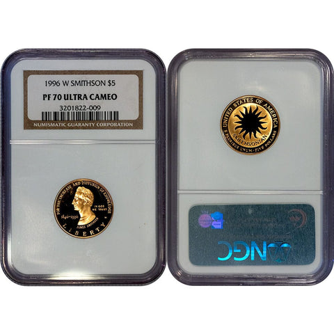 1996-W Proof Smithsonian Institute $5 Gold - NGC PF 70 Ultra Cameo