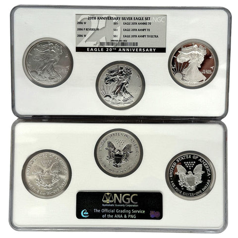 2006 American Silver Eagle 20th Anniversary Set - ALL NGC 70 - Tri-Coin Holder