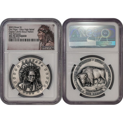 2023 Oglala Lakota Sioux Nation Silver Onc Papa Ultra High Relief - NGC MS 70 Antiqued