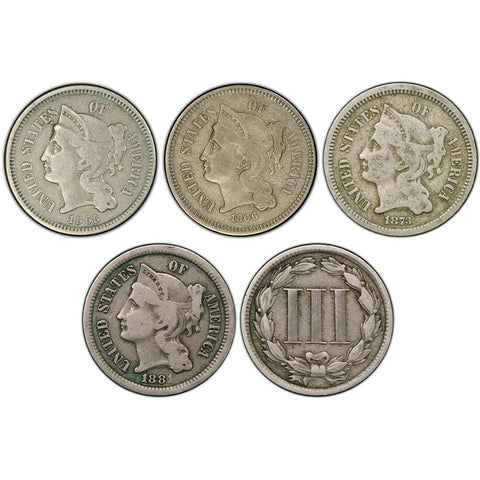 3 Different or 5 Different Three Cent Nickels in Fine or Better Special