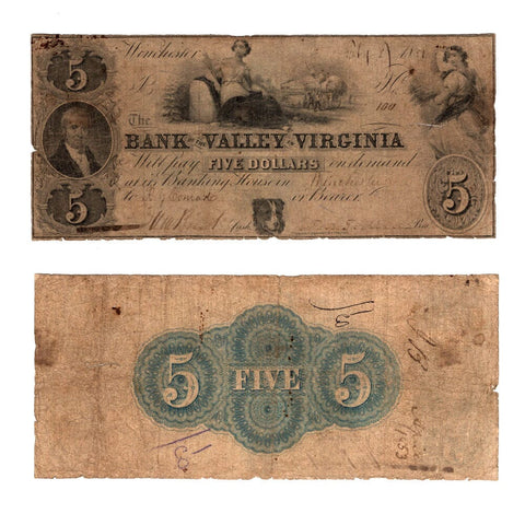 1851 $5 Bank of the Valley of Virginia, Winchester Obsolete Bank Note - VG