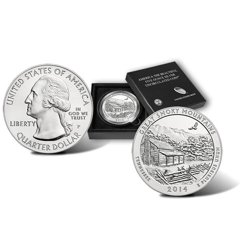 2014-P America The Beautiful Five Ounce Silver Tennessee Great Smoky Mountains Coin w/ Box & COA