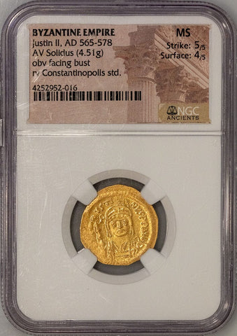 Byzantine Empire, Justin II AV Solidus Constantinople Mint, 565-578 AD, NGC MS 5/4