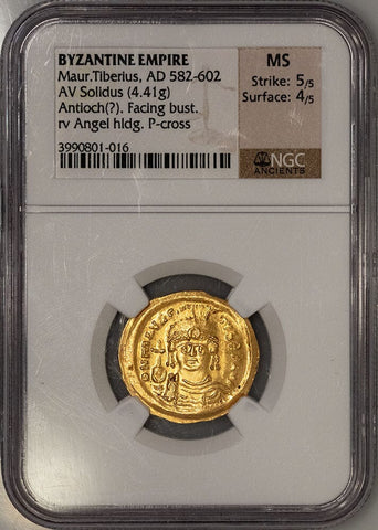 Byzantine Empire, Maurice Tiberius AV Solidus Constantinople Mint, 582-602 AD, NGC MS 5/4