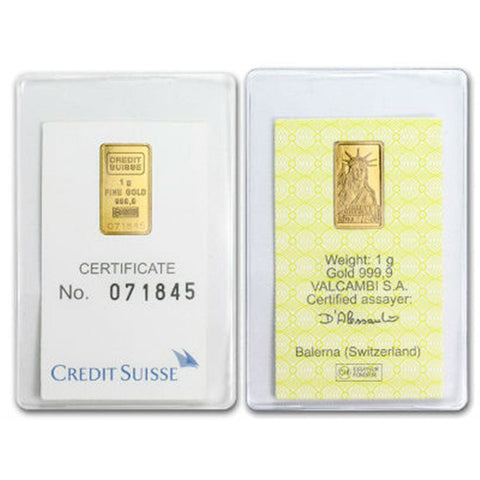 1 gram Credit Suisse/Valcambi .9999 Gold Bars in Assay Cards