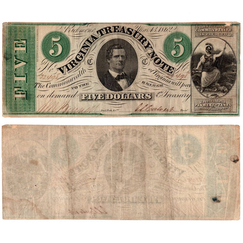 1862 $5 Virginia Treasury Note Cr.13 - Very Fine