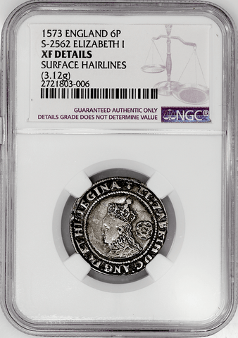 1573 Great Britain Silver Six Pence Small Bust S-2562 - NGC XF Details