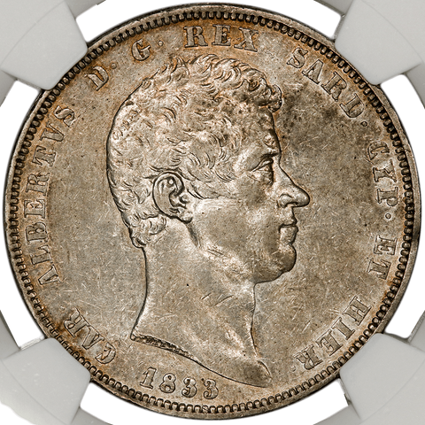 1833 Italian States, Sardinia (Genoa Mint) Silver 5 Lire KM.130.2 - NGC AU 53