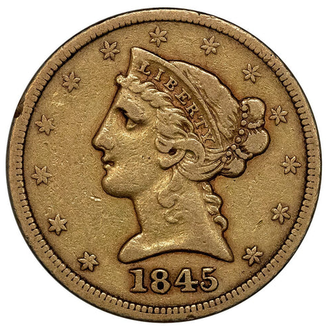 1845 No Motto $5 Liberty Head Gold - Very Fine