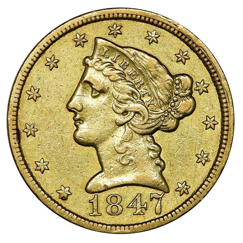 1847 No Motto $5 Liberty Head Gold - Extremely Fine