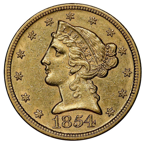1854 No-Motto $5 Liberty Head Gold - Choice About Uncirculated