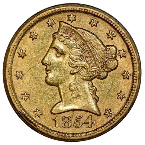 1854-D Medium $5 Liberty Head Gold - AU Details (Ex-Jewelry) - Dahlonega Gold