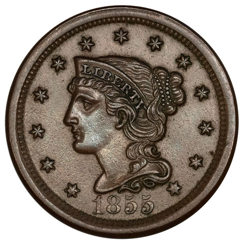 1855 Upright 5s Braided Hair Large Cent - Brown Uncirculated
