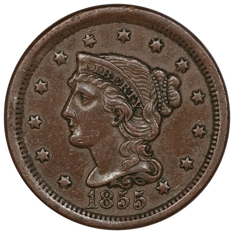 1855 Upright 5s Braided Hair Large Cent - Extremely Fine