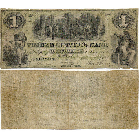 1857 $1 Timber Cutter's Bank Savannah Georgia G2b - Very Good