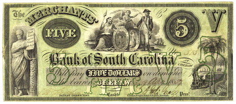 1859 Merchants Bank of South Carolina at Cheraw $5 G4a Cheraw, SC ~ Very Fine