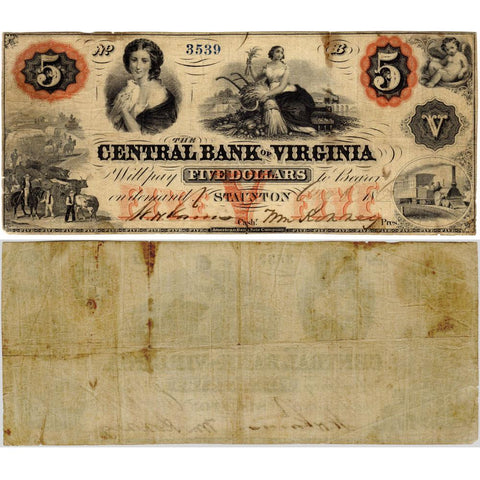 1860 $5 Central Bank of Virginia, Staunton Obsolete Bank Note - Fine