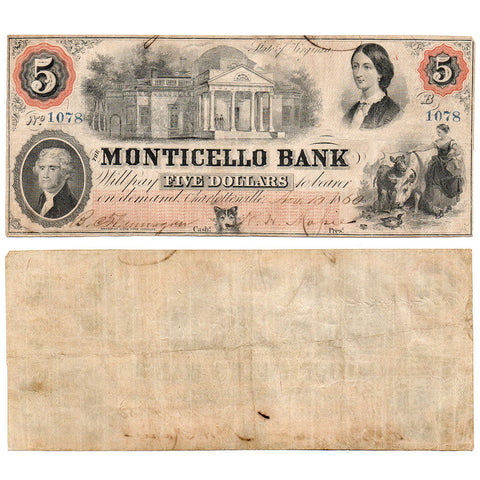 1860 Monticello Bank $5 Charlottesville, VA Haxby VA-45-G14a - Very Fine