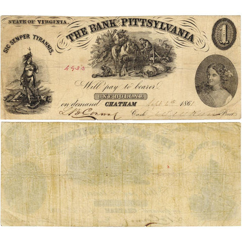 1861 $1 Bank of Pittsylvania, Chatham Branch, Virginia VA-50-G14 - Very Fine
