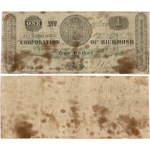 1861 $1 Corporation of Richmond, Virginia TR05-21 - Net Very Good (staining)