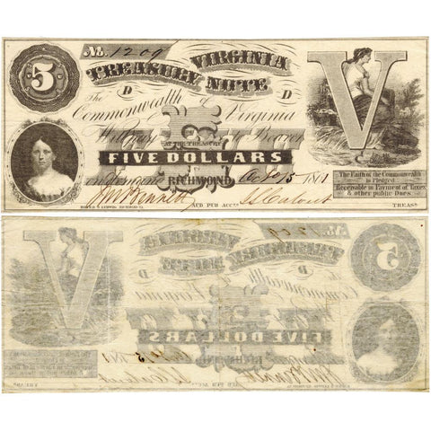 1861 $5 Virginia Treasury Note Cr.5 - Very Fine - First Issue