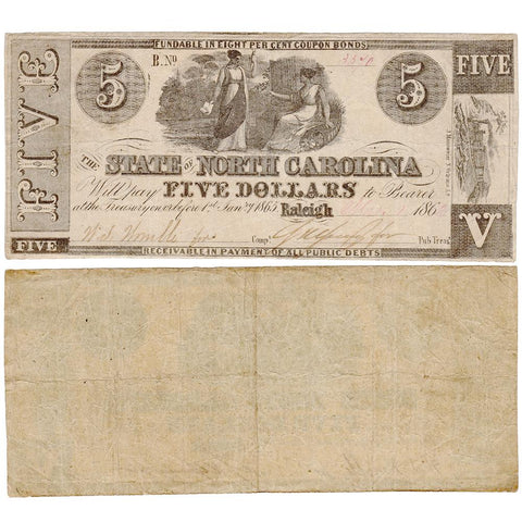 1862 $5 State of North Carolina Note - Cr. 86 - Very Fine