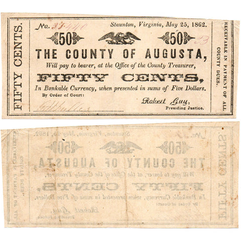 1862 50¢ County of Augusta Staunton, VA Fractional - Very Fine
