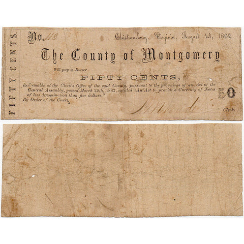 1862 50c County of Montgomery Christiansburg, VA CM 12-13 - Very Good