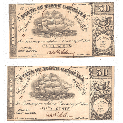 Consecutive Pair of 1863 50¢ State of North Carolina Notes - Cr. 136 - Uncirculated