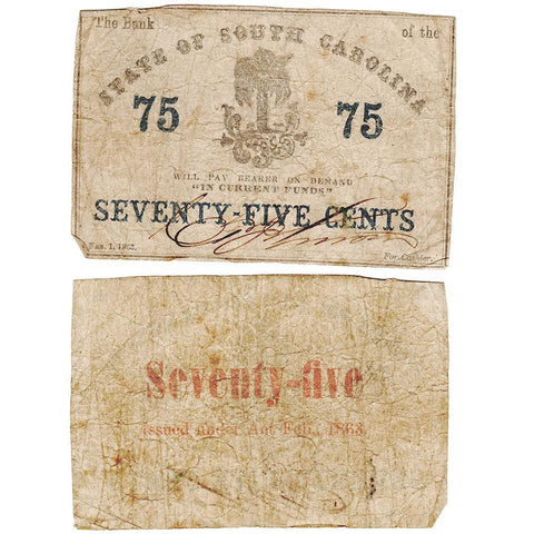 1863 Charleston South Carolina 75¢ Note - Very Good