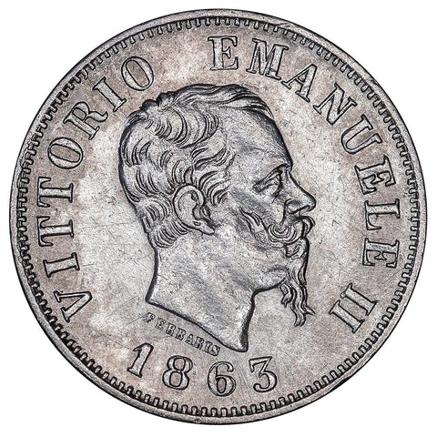 1863-MBN Italy Silver 50 Centesimi KM 14.1- About Uncirculated