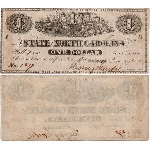 1863 $1 State of North Carolina Note - Cr. 133 - About Uncirculated
