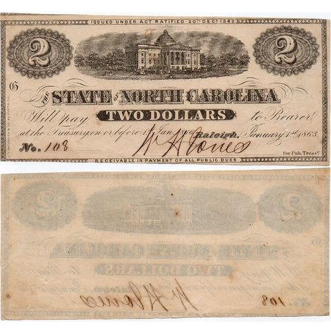 1863 $2 State of North Carolina Note - Cr. 131 - About Uncirculated+