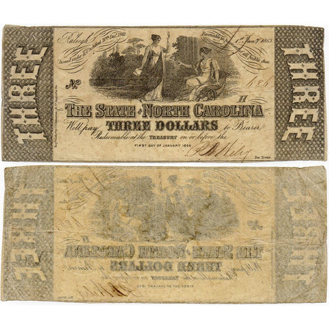 1863 $3 State of North Carolina Note - Cr. 125 - Very Fine