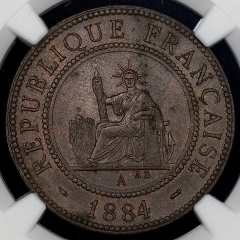 1884-A French Cochin China Cent KM. 3 - NGC AU 58 BN - Trace Red