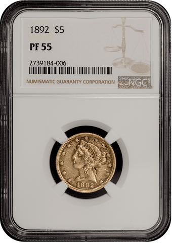 Rare 1892 Proof $5 Liberty Gold Coin - NGC PF 55